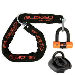 BLOKEO - Kit Antivol Moto Chaîne 1,20M + Cadenas/Bloque-Disque MiniBlok + Ancre Fixation Sol - Classe SRA