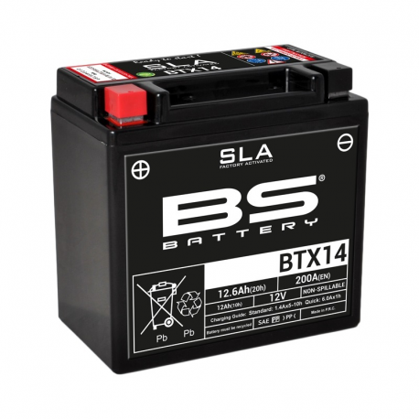 BS BATTERY - Batterie Moto 12V Sans Entretien activée usine BTX14 SLA -12Ah - L87Mm W150Mm H145Mm