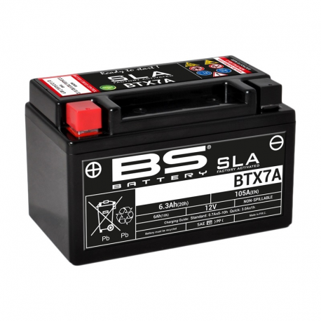 BS BATTERY - Batterie Moto 12V Sans Entretien activée usine BTX7A SLA - 6,3Ah - L87Mm W150Mm H93Mm