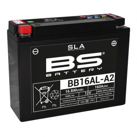 BS BATTERY - Batterie Moto 12V Sans Entretien activée usine BB16AL-A2 SLA - 16Ah - L70Mm W205Mm H162Mm