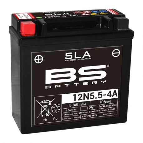 BS BATTERY - Batterie Moto 12V Sans Entretien activée usine 12N5.5-4A SLA - 5,5Ah - L61Mm W138Mm H131Mm