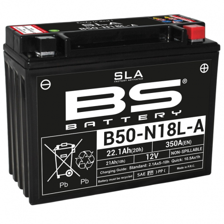 BS BATTERY - Batterie Moto 12V Sans Entretien activée usine B50N18L-A/A2 SLA - 21Ah - L91Mm W206Mm H163Mm