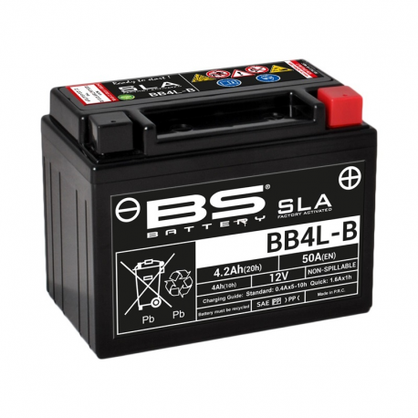 BS BATTERY - Batterie Moto 12V Sans Entretien activée usine BB4L-B SLA - 4,2Ah - L70Mm W120Mm H92Mm